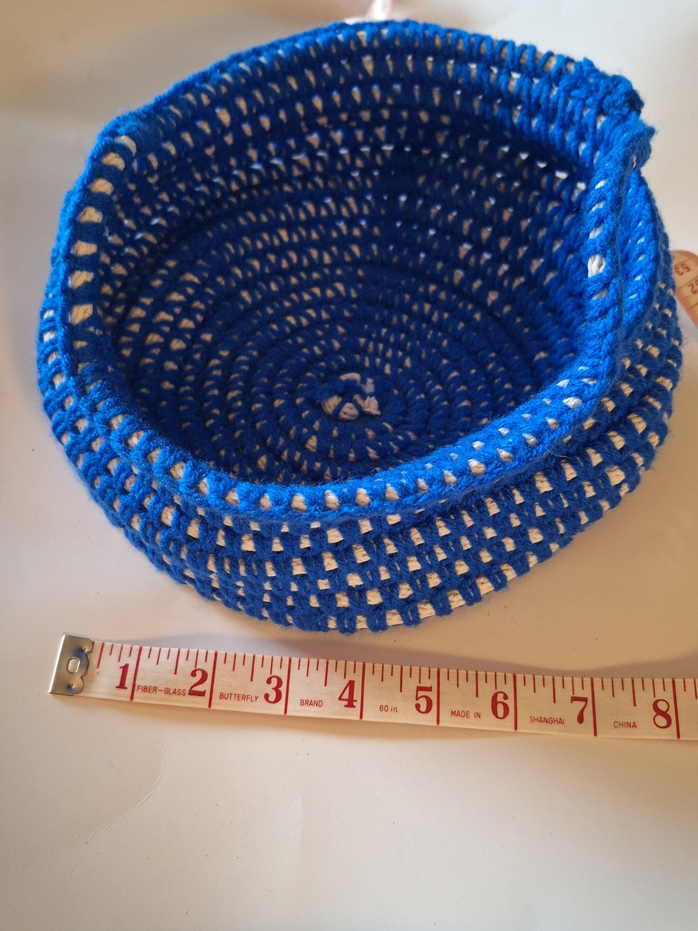 Handmade Blue and White Crocheted Basket - 9 Inch